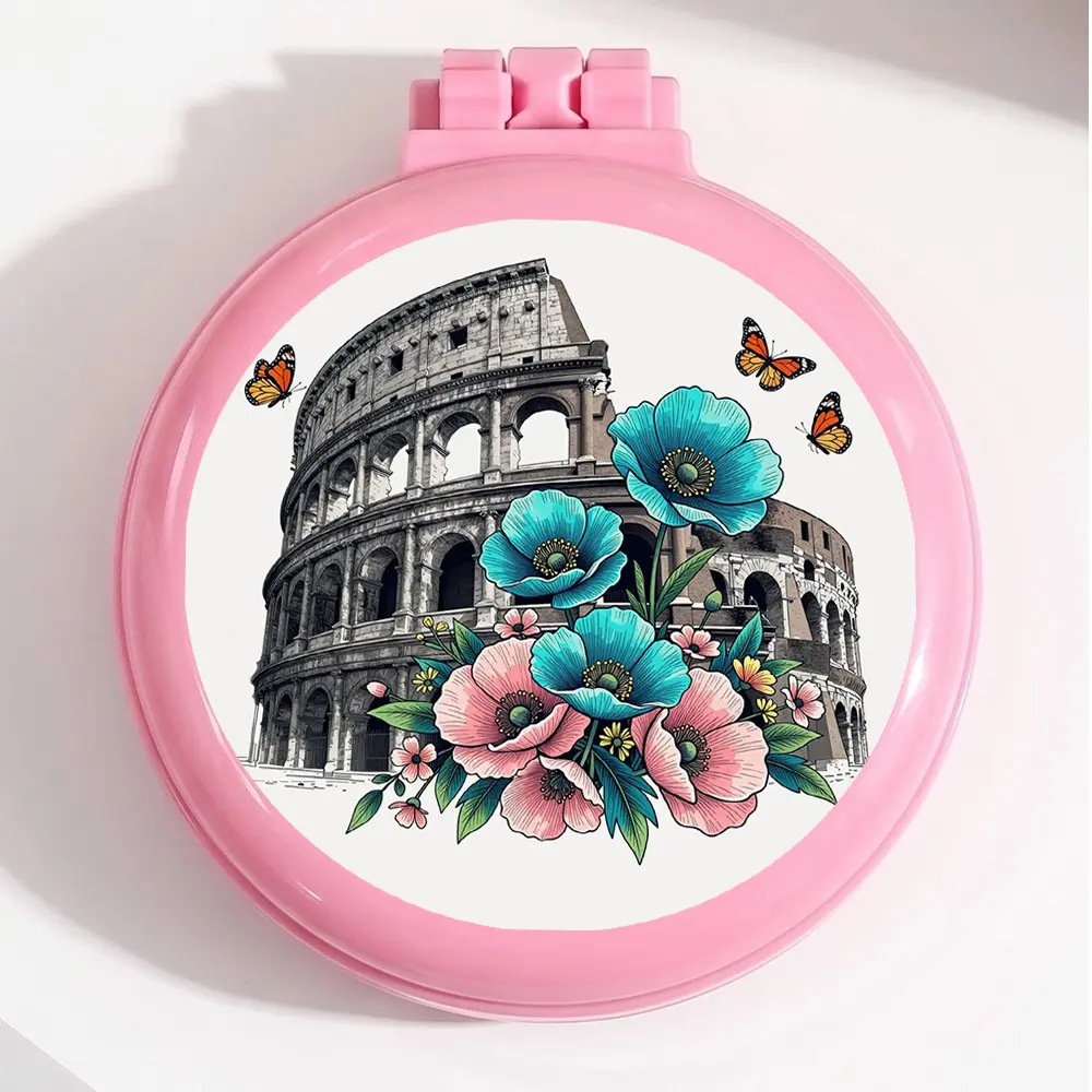 Circular Air Cushion Comb with Roman Colosseum Floral Butterfly Design, Foldable Travel Hair Comb, Portable Mini Brush, Ideal Birthday Gift, Hair Brush Round