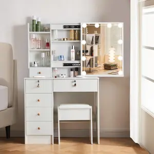 Stylish Dresser Table Makeup Vanity Desk Mirror Drawers Stool Bedroom Vanity Set