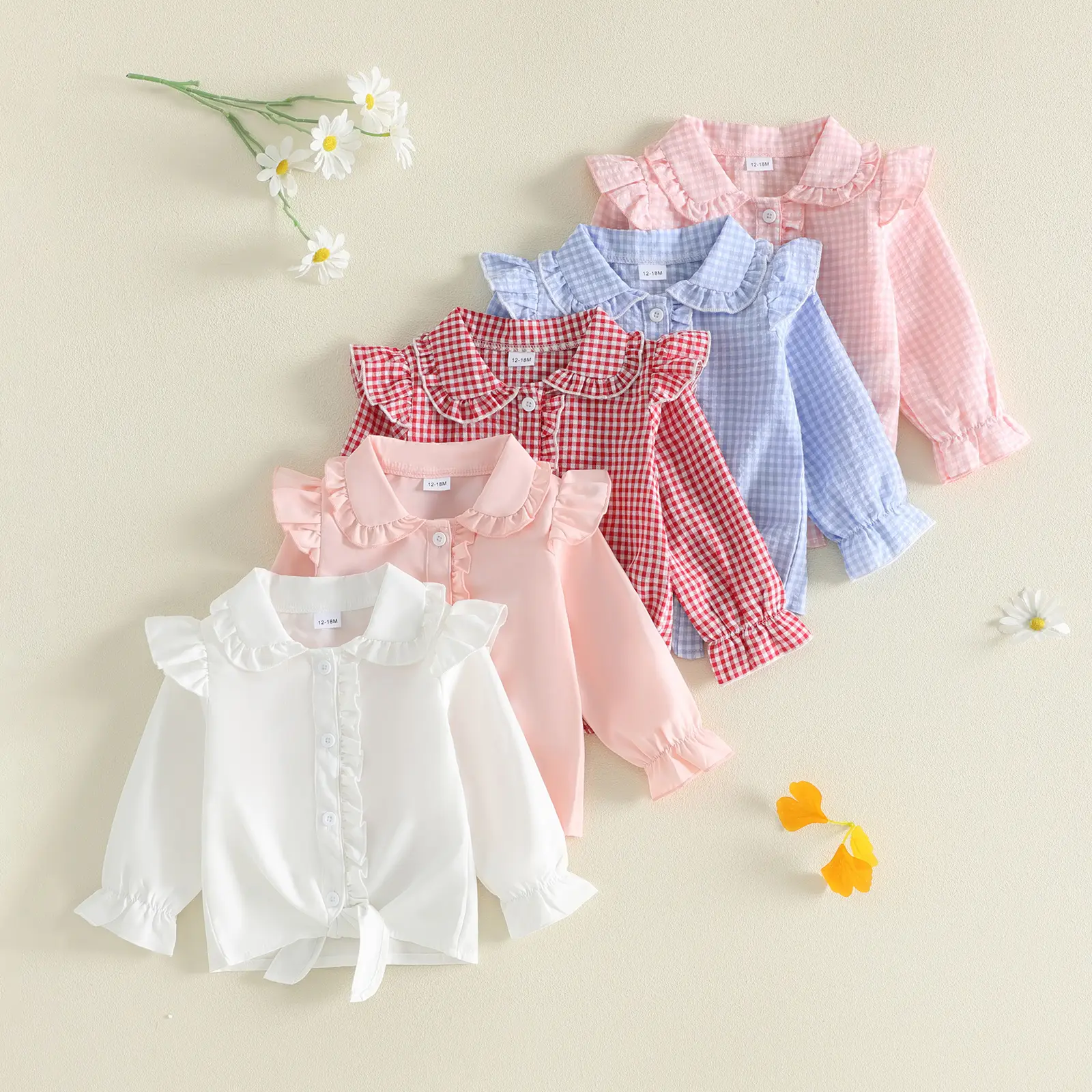 Toddler Baby Little Girl Blouse Flutter Shoulder Puff Sleeve Front Tie Knot Hem Little Girls Casual Shirt Fall Winter 1-5 Years