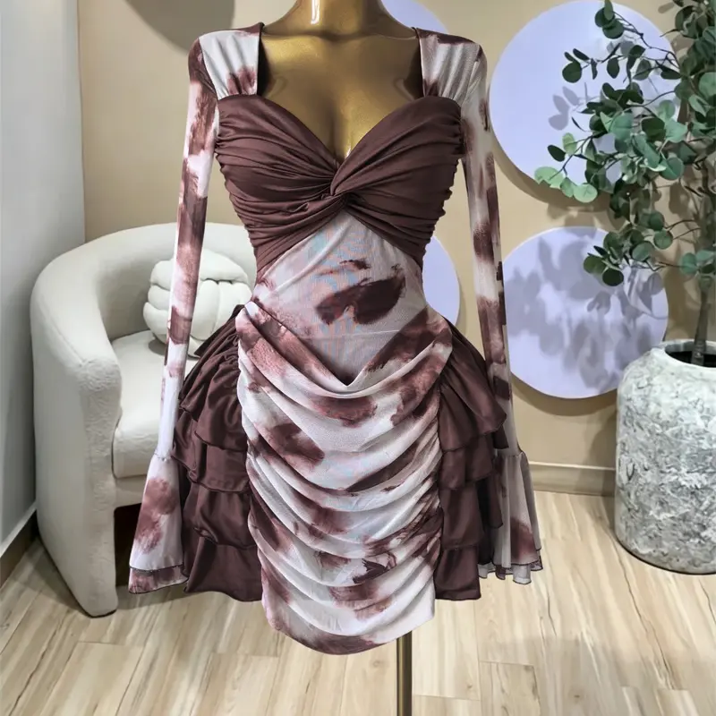 PULKRITU Elegant Women's Tie Dye Print Mini Dress,Layered Ruffle Bell Sleeve Bodycon V Neck Prom Dress, Vacation Beach Holiday Party Outfit Dress,Lady Casual Skirt,Female Brunch Dresses,Evening Birthday Cocktail Gown