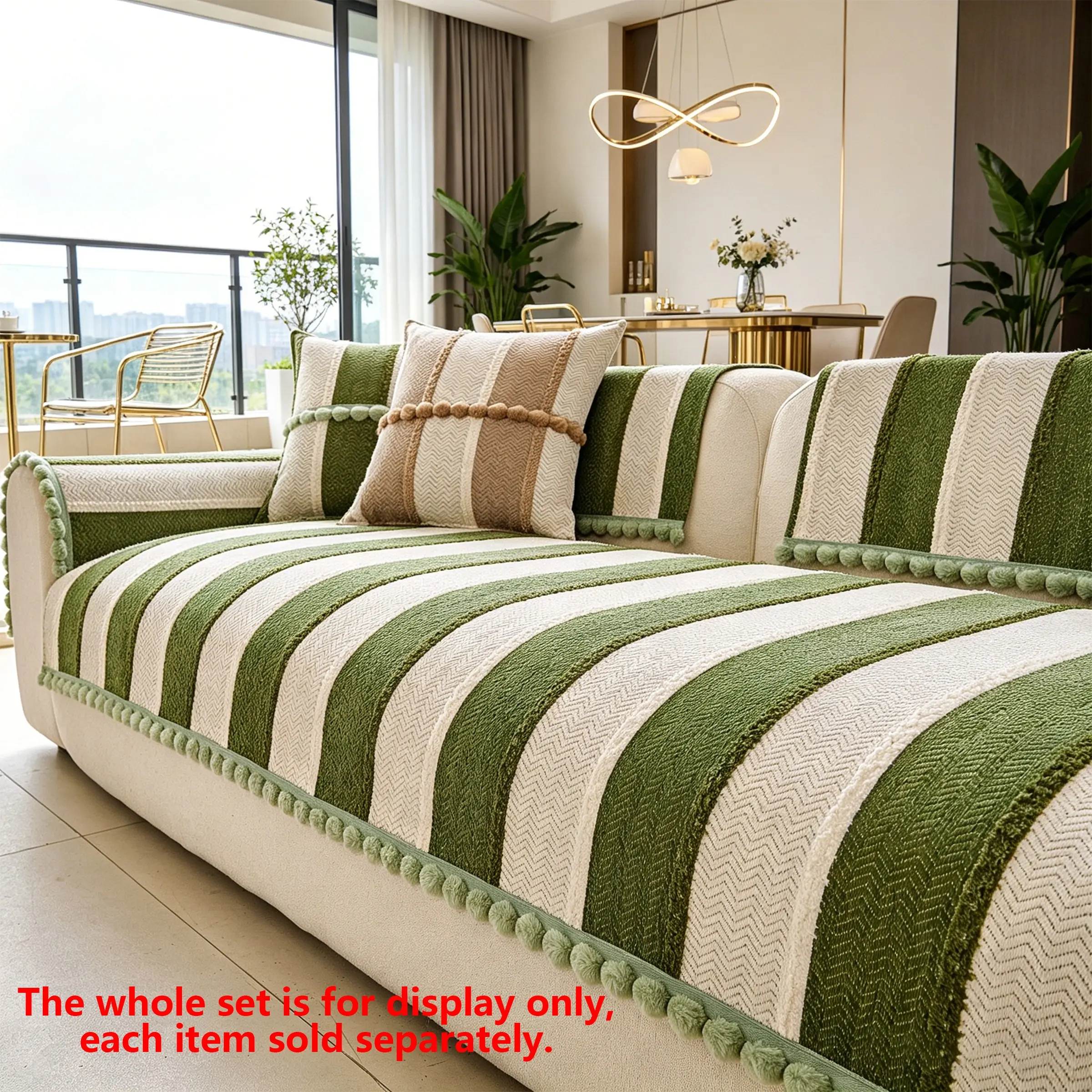 Wide Stripe Pom-Pom Fringe Sofa Pad, Durable Anti-Shed, Non-Slip, Pet-Friendly, Fits 1-4 Person Sofas, Multi-Color Options