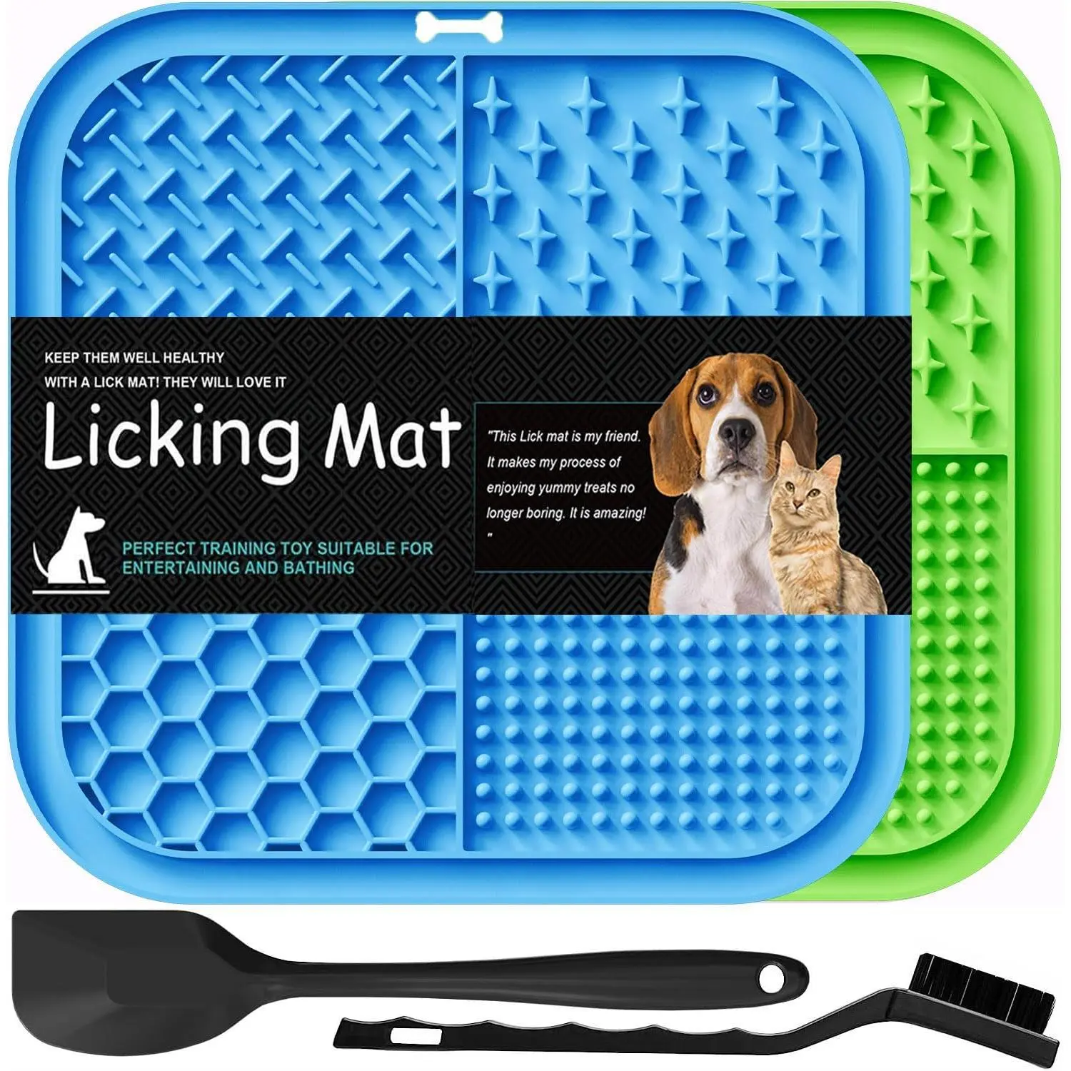Licking Mat for Dogs & Cats 2 Pack, Slow Feeder Lick Pat,    Toys Feeding Mat for Butter Yogurt Peanut, Pets Supplies Bathing   Calming Mat (Blue&Green)