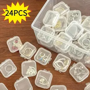 24-Piece Transparent Plastic Jewelry Storage Box with Lid, Mini Square Container for Beads, Earrings, Small Crafts, Home Bedroom Accessories