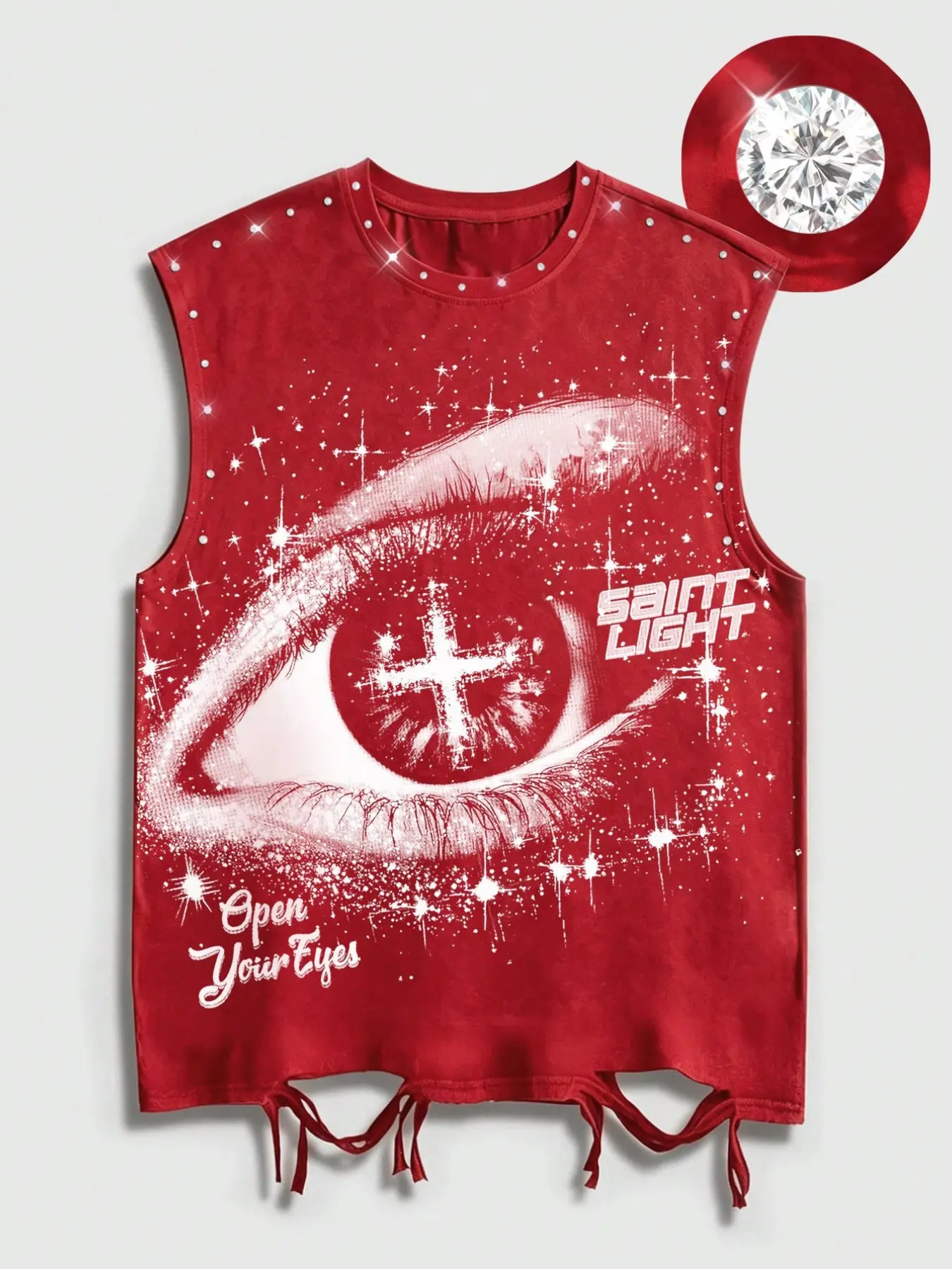 Saint Light Starry Eye Cross Graphic Print Tank Top, Vintage Distressed Hem Drawstring, Sleeveless T-Shirt, Unisex Street Style