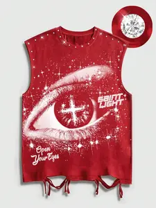 Saint Light Starry Eye Cross Print Tank Top, Vintage Distressed Hem Drawstring, Sleeveless T-Shirt, Unisex Street Style