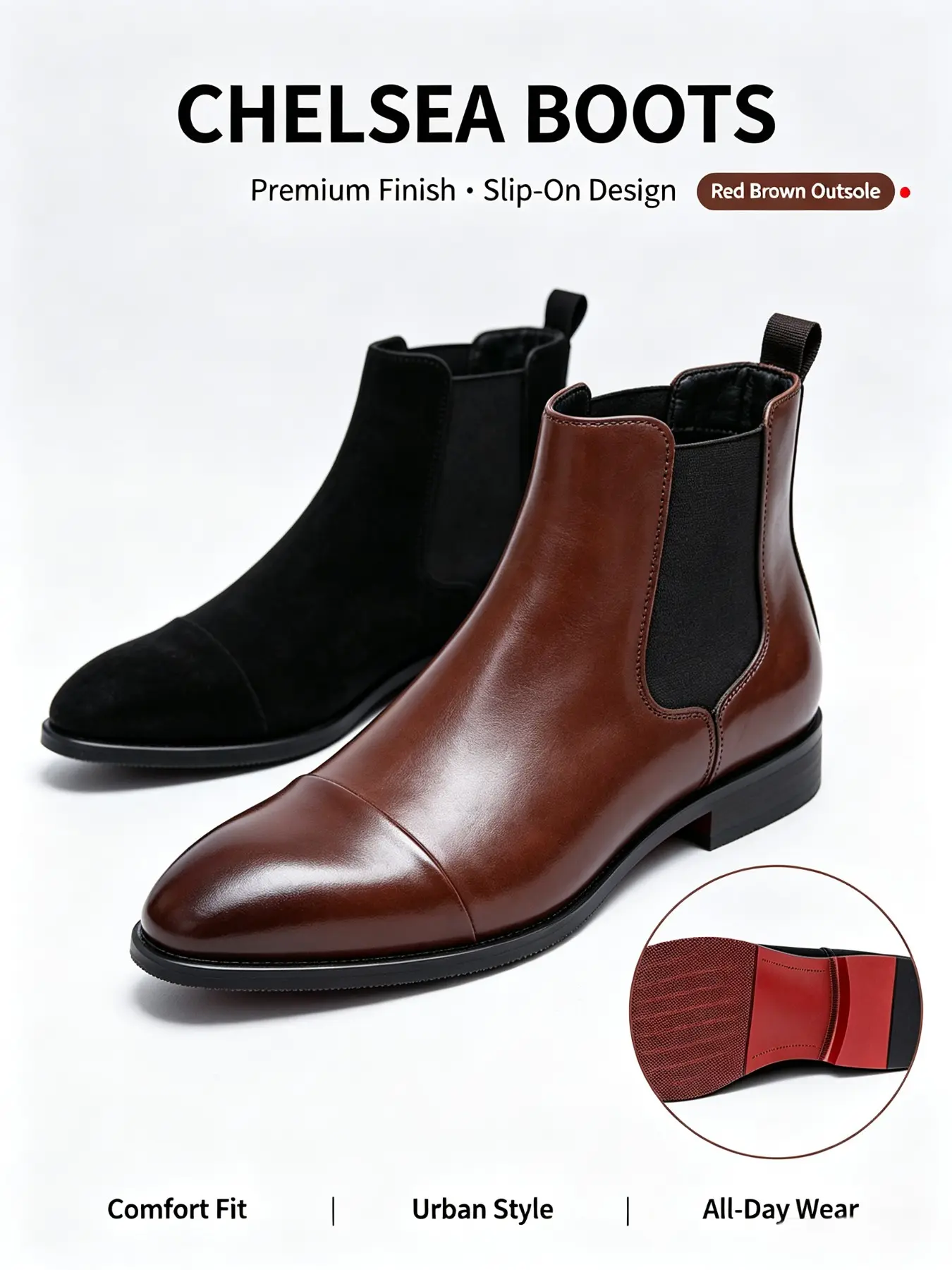 Men's Pointed Toe Chelsea Boots, Slip-On Elastic Ankle Boots, Glossy Reverse Fur, Two Colors, Vintage Sole, Anti-Slip Business Casual Shoes