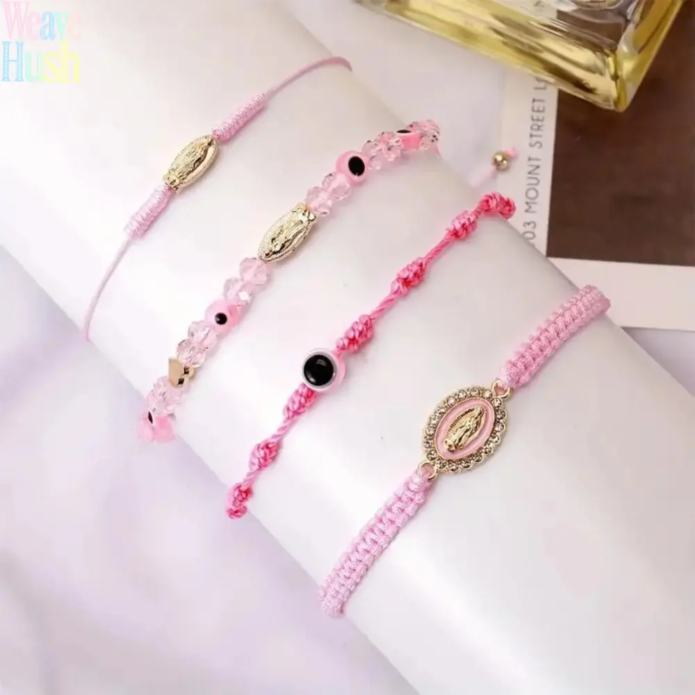 4-Pcs Unisex Braided Bracelet Set, Mexican Lucky Red String Wristbands With Evil Eye, Heart, San Judas & Virgin Mary Amulets, Meaningful Couple Matching Jewelry, Accessory Gift For Adult Men And Women
