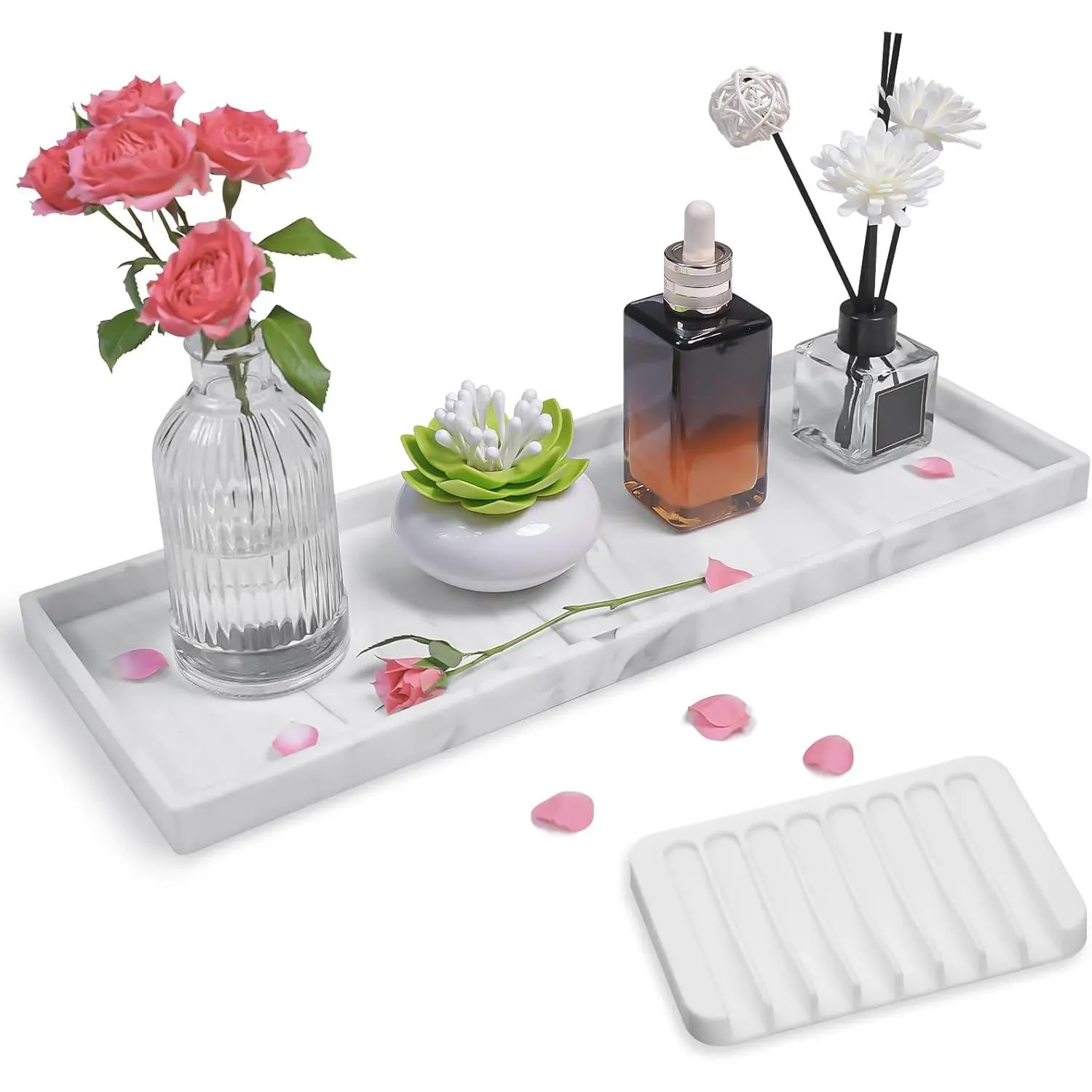 Bathroom Counter Marble Tray and Soap Holder - 15.7x5.9 inch Silicone Bathroom Vanity Trays, Marble Tray for Kitchen Counter, Toilet Tank Tray,Trays for Perfume, Jewelry,Candle, Key
