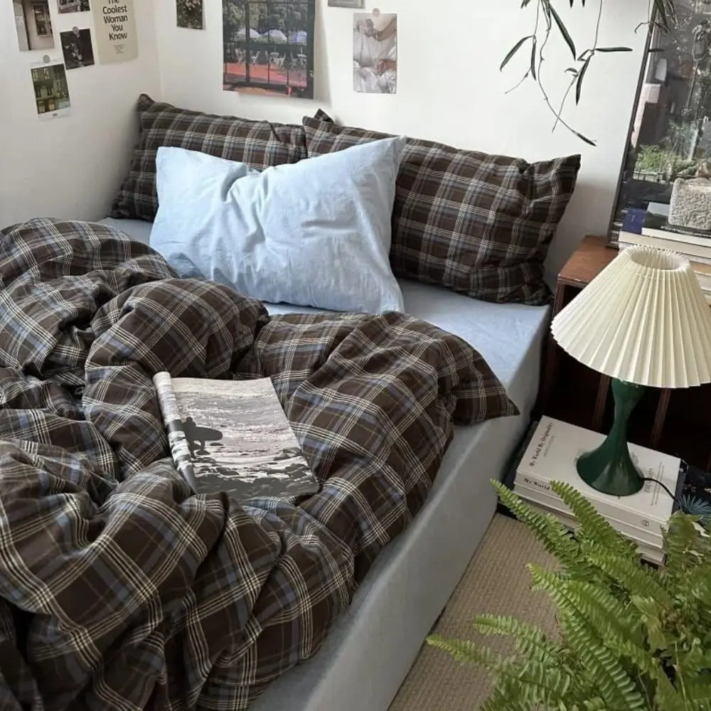 Plaid Duvet Cover Set Queen,3Pcs Brown Blue Bedding Set All Season | Brown Blue Gingham Bed in a Bag,Comforter Bedding Set for Girls,Soft Cozy Microfiber Comforter and 2 Pillowcases,All Season
