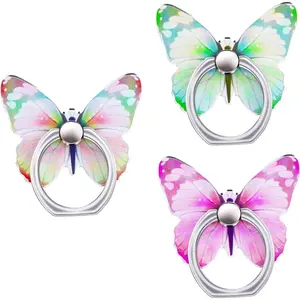 3 count Butterfly Cell Phone Ring Stand Holder, Cute Butterfly  Painted Metal Finger Stand Kickstand 360°Rotation Phone Ring Holder Stand Ring Hand Grip with Knob Loop (, Yellow, Green)
