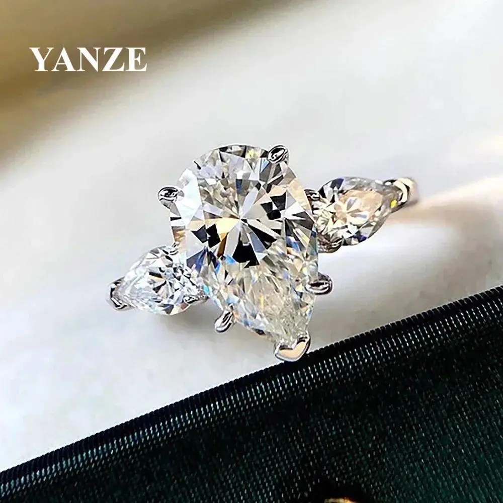 Women's 3ct Waterdrop Pear Cut High Carbon D Color Diamond Ring, 925 Sterling Silver Engagement Ring with Pear Cut Gem for Romantic Wedding Look