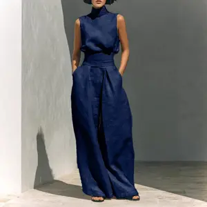 Elegant Linen Sleeveless Jumpsuit| High Neck Wide Leg Pants| Casual Formal Summer Outfit