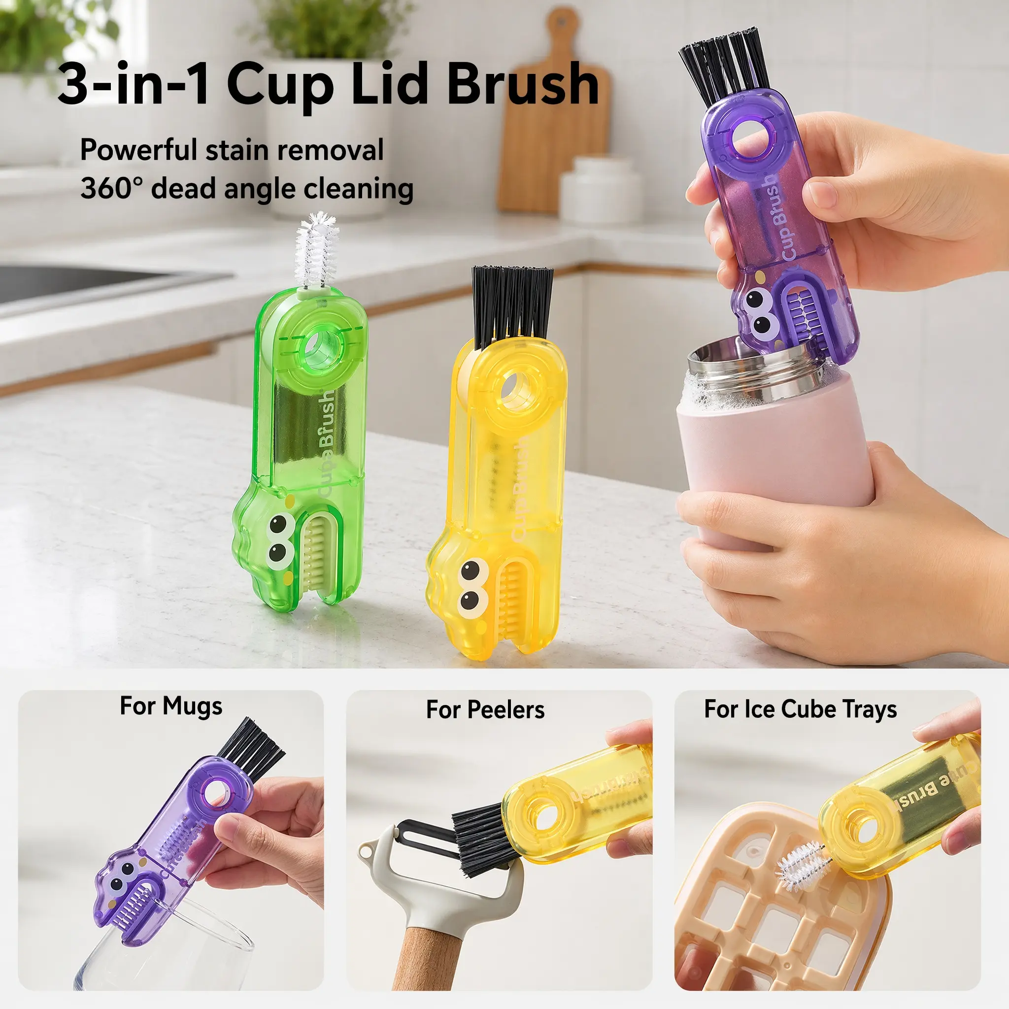 3 In 1 Multi-Function Gap Cleaner, Kitchen Cleaning Brush, Portable Cleaning Brush, Suitable For Cups, Baby Bottles, Lids, Thermos, Glasses And Kitchenware-YY1