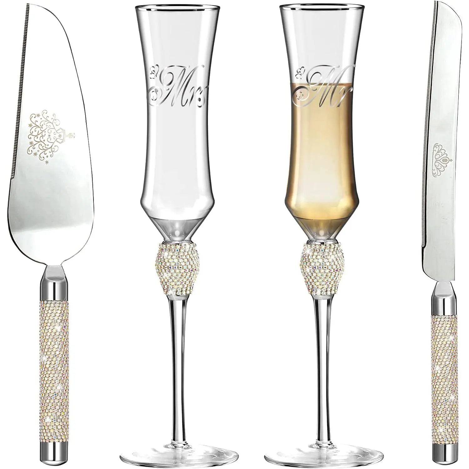 Wedding Cake  and Server Set, Mr and Mrs Champagne Flutes Glasses for Bride and Groom Decorated with Colorful Rhinestones, Wedding Gifts for Newly Engaged Couple ()