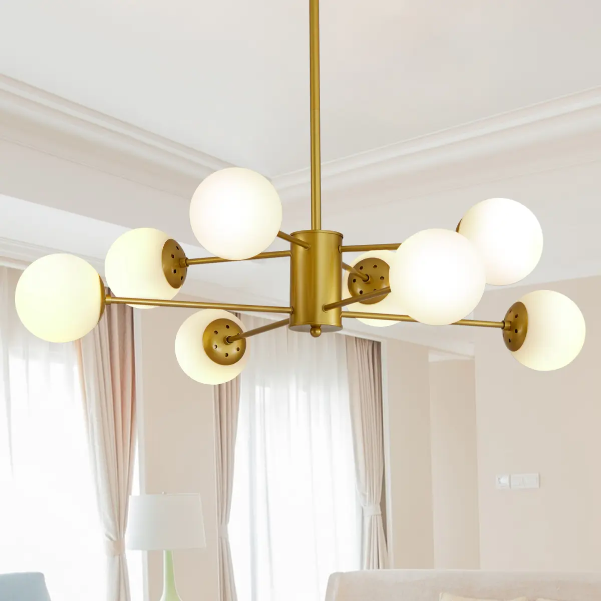 35" Modern 8-Light Gold Chandelier with White Glass Globe Shades, Mid-Century Branching Design, Elegant Ceiling Light Fixture for Dining Room, Living Room, or Bedroom (No Bulbs)