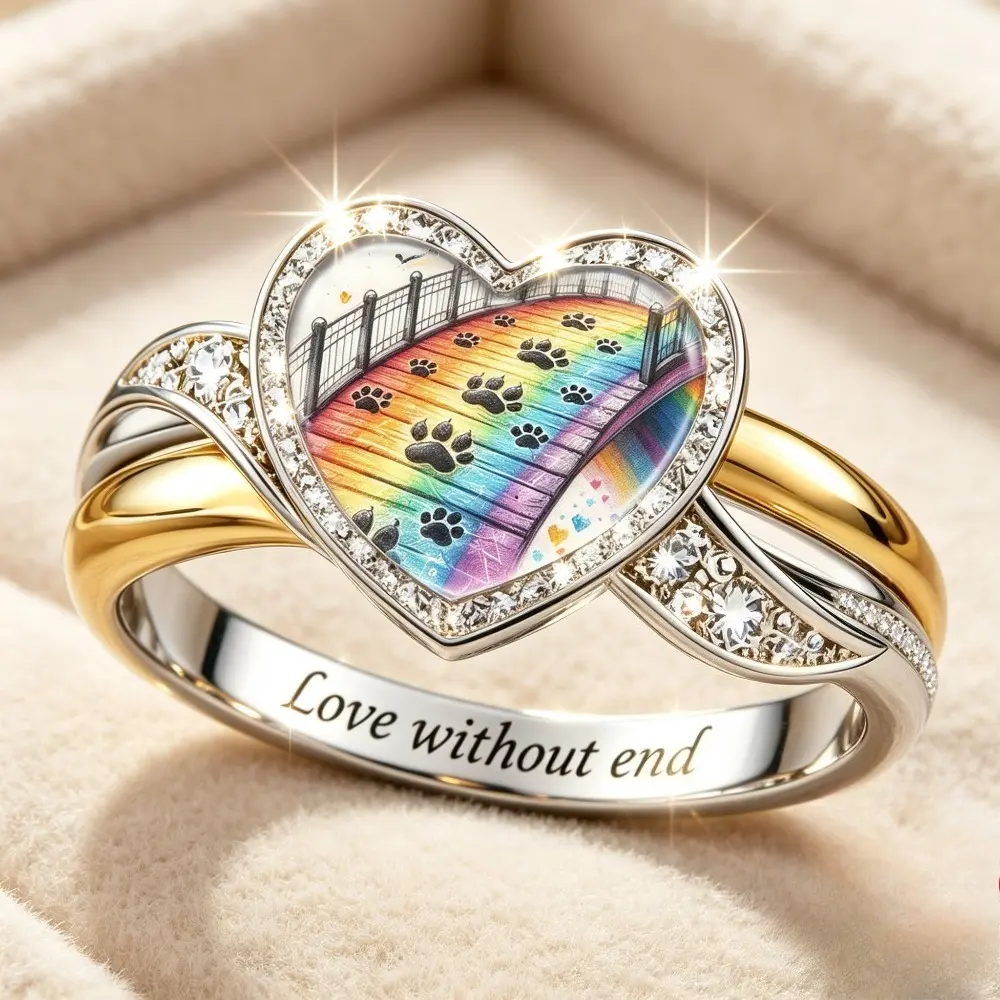 Two Tone Heart Ring for Women, Inlaid Zircon Halo Rainbow Bridge Pet Paw Print Ring, Engraved Inner Band Memorial Pet Loss Jewelry Gift