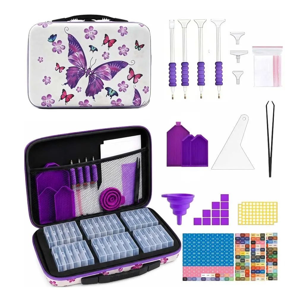 Diamond Art Storage Box with Tools, 5D Embroidery Accessories Organizer, Includes Diamond Pen, Clay, Tray for DIY, Arts, Crafts, Rhinestones, Seeds, Diamond Painting Tools