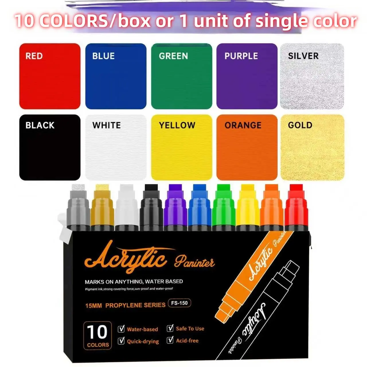 Wide Tip 15mm Acrylic Marker Pen Set for Students, Art Drawing Graffiti, Quick Dry Waterproof Easy Coloring, Suitable for Rocks, Wood, Glass, Fabric, Acrylic Paint Markers