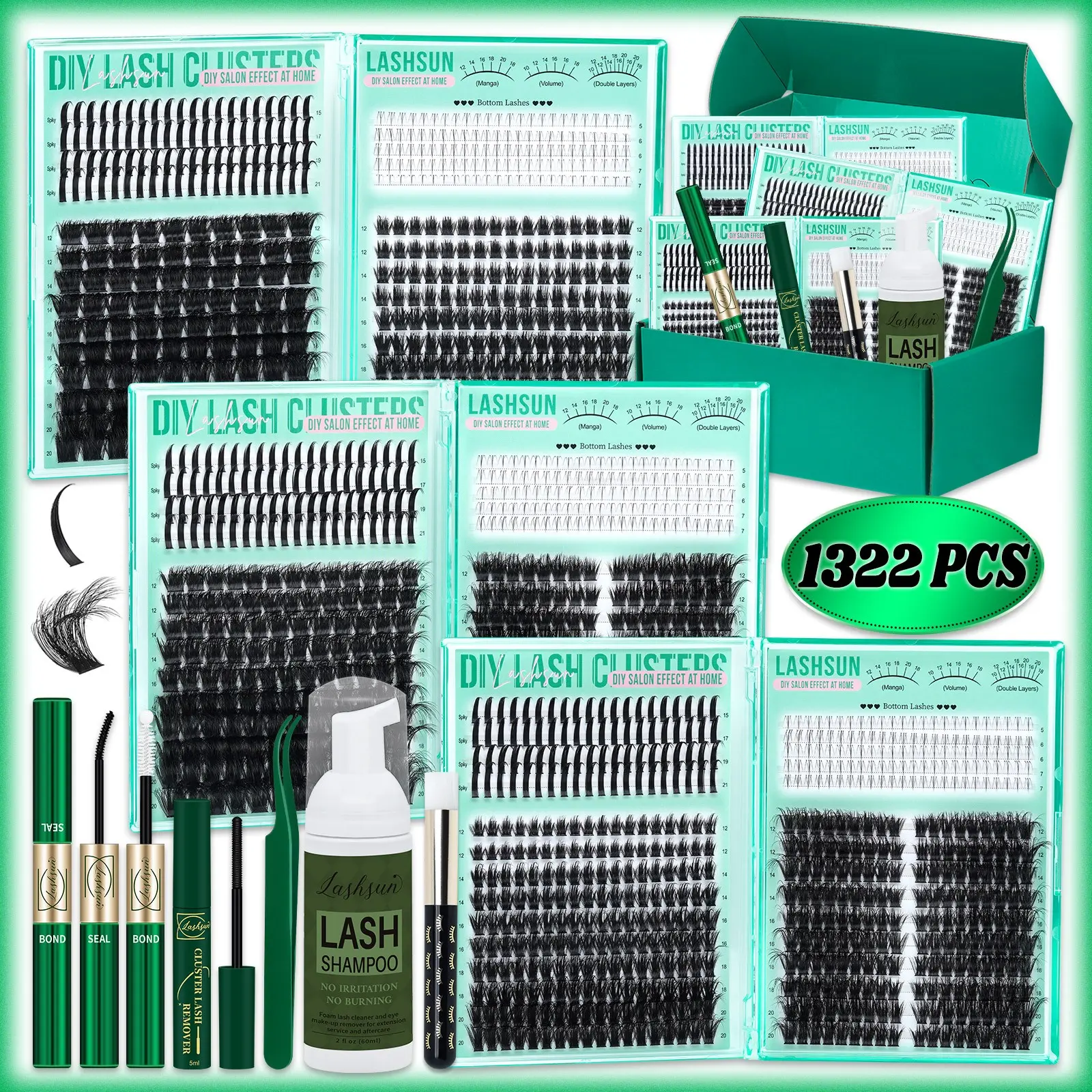 1322 Pcs D Curl Eyelash Clusters Set, Cluster Eyelashes Extensions, Mixed 5-21mm 8 Styles Bottom/Spike/Mega 3D Multi-Layered Lashes, Kit with Bond&Seal Remover Tweezers Lash Shampoo Brush, DIY at Home, Apply for Makeup Daily