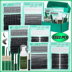 1322 Pcs D Curl Eyelash Clusters Set, Cluster Eyelashes Extensions, Mixed 5-21mm 8 Styles Bottom/Spike/Mega 3D Multi-Layered Lashes, Kit with Bond&Seal Remover Tweezers Lash Shampoo Brush, DIY at Home, Apply for Makeup Daily