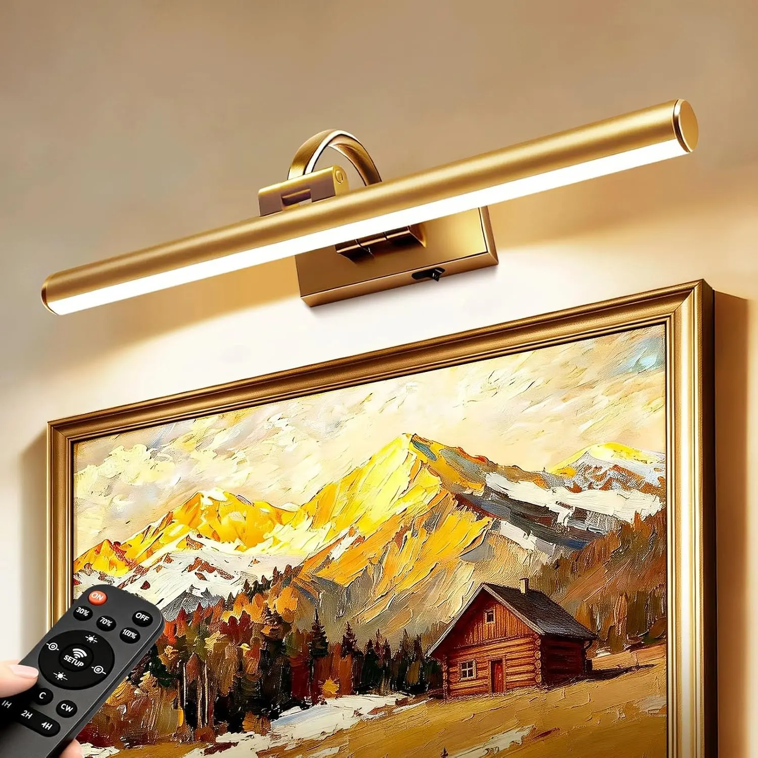 15.6"  Picture Light, Brass Finish, Rechargeable | 9000mAh Long-Lasting , Dimmable Wall Art Light with Remote, for Artwork, Frames & Gallery