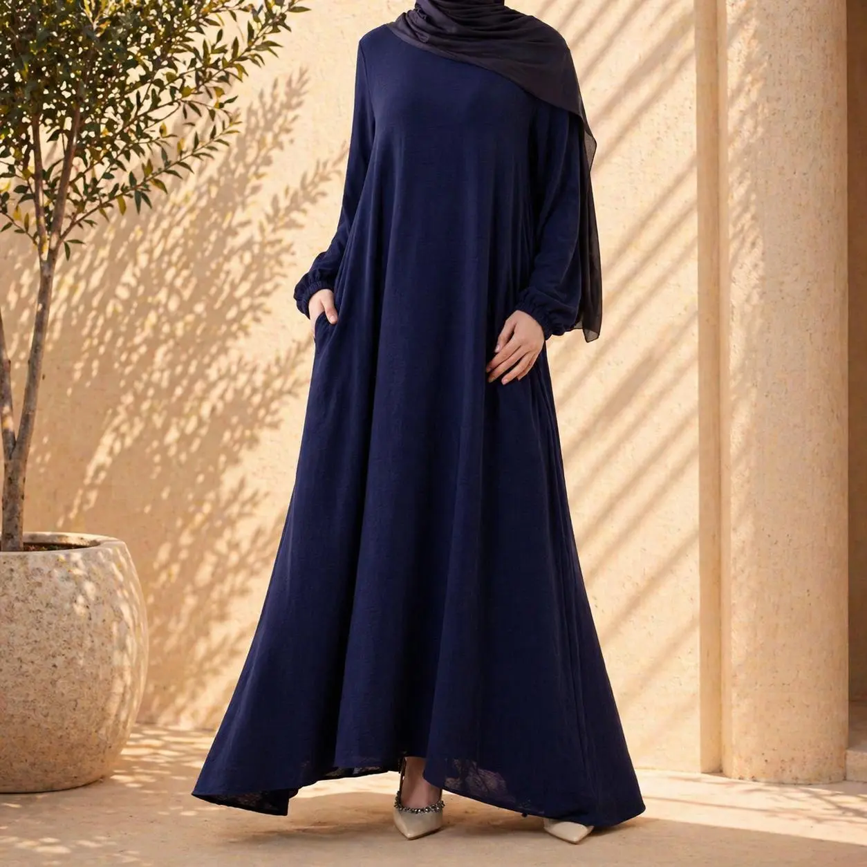 Modest Maxi Dress Crepe Abaya Style Pockets Hijab Friendly A Line (MA385)