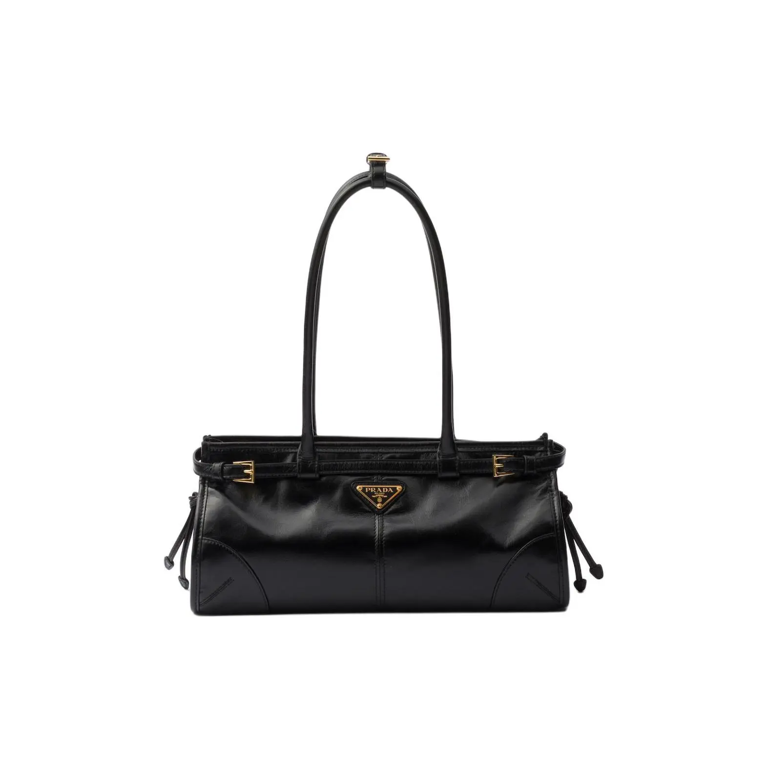 Prada Bonnie Soft Lux Leather Handbag for Women – Detachable Adjustable Strap, Enamel Triangle Logo, Long Handle, Medium Size, Black
