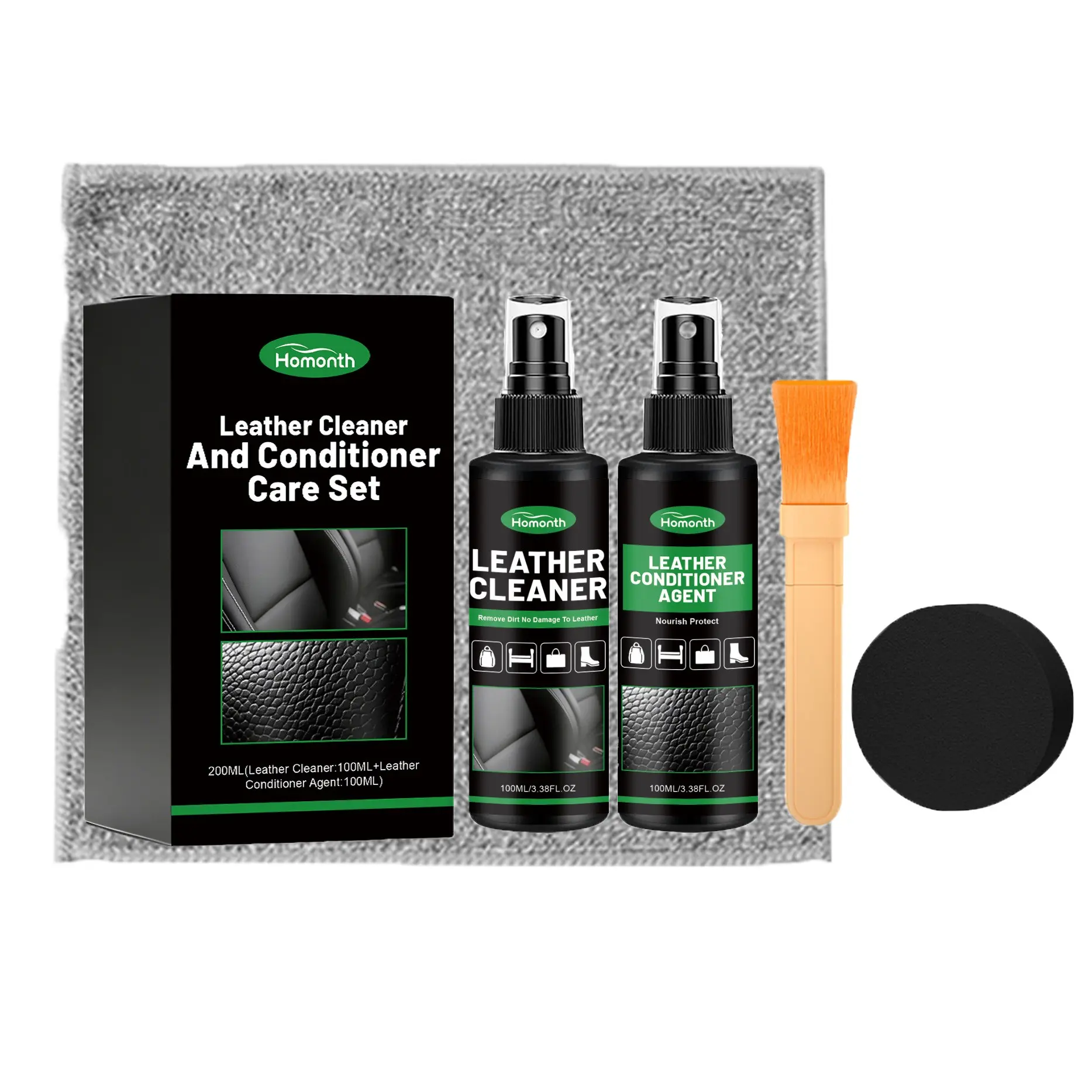 Leather Cleaning Care Kit (100ML+100ML+brush+towel+sponge), Gentle Clean, Remove Stains, Freshen Odors, Non-Damaging, Daily Home Use, Leather Cleaner