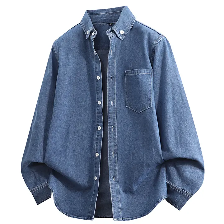 American Retro Basic Long-Sleeve Denim Shirt For Men, Layered Denim Shirt For Boys, Relaxed Casual Long-Sleeve Denim Shirt For Commuting, Unisex Style For Couples