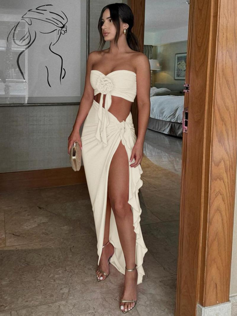 Women's Stereo Floral Decor Crop Tube Top & Knot Split Thigh Skirt Set, Chic Sleeveless Top & Bodycon Maxi Skirt, Ladies Summer Clothes for Party Club Beach Vacation