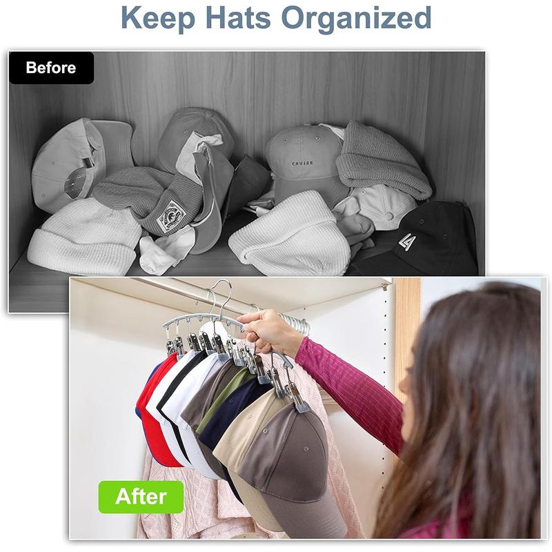 Hat Hangers for Closet, Metal Hat Organizer for Baseball Caps 2 Pack Door Hat Racks for Baseball Caps with 10 Large Clips, Baseball Cap Hangers for Closet Storage, Fits All Caps-Grey, Gray