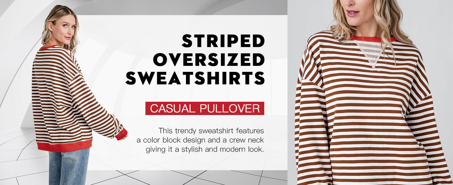 【Up To 3XL】Imily Bela Womens Striped Oversized Sweatshirt Color Block Crew Neck Long Sleeve Shirt Casual Loose Pullover Top Y2K Clothes back to school