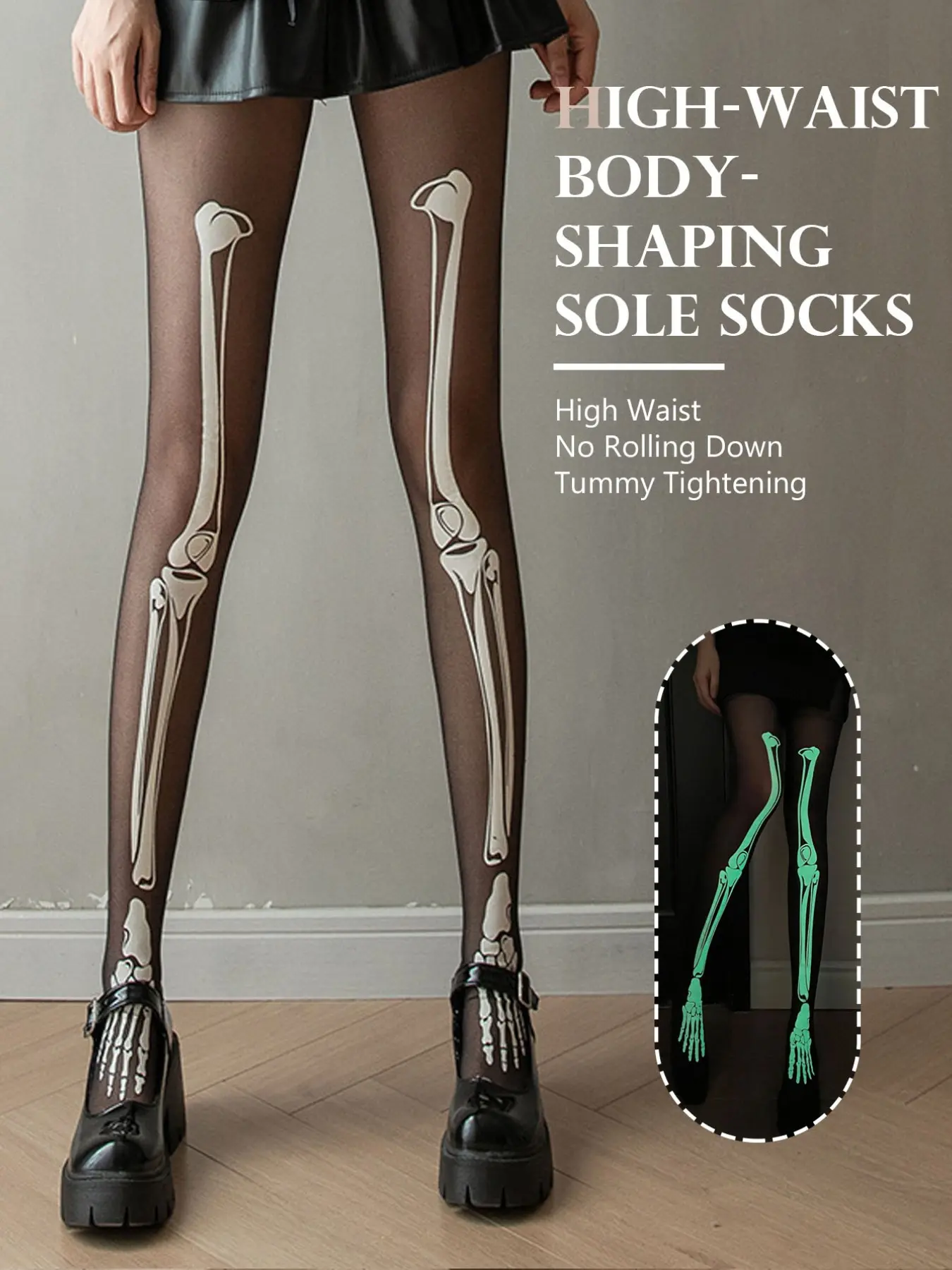 Halloween Glow-In-The-Dark Stockings, Fluorescent Velvet Pantyhose, Skull Print, High Elastic, Anti-Pill, Perfect for Parties and Role Play