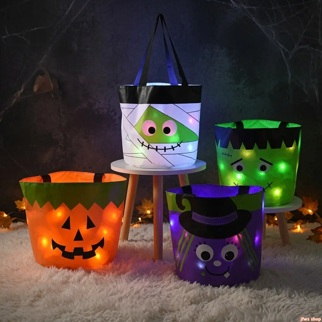 4 Pack 2026 Multi-Mode Glow Halloween Trick or Treat Bucket with LED Light-Up Handle, Kids Halloween 2026 Decor, Party Favor Candy Collector, US-Designed Spooky Home Ornament Gift