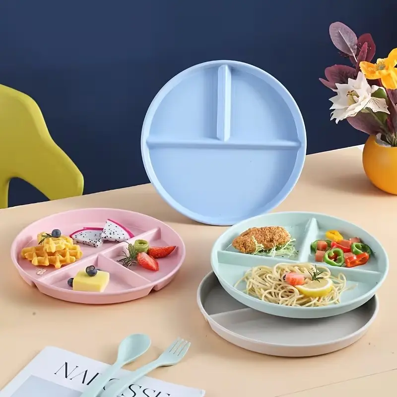 4pcs Adult Weight Control Plates, 4 Colors, Reusable Plastic Personal Plates, Dishwasher Safe, Healthy Eating, Picnic & Salad Plates