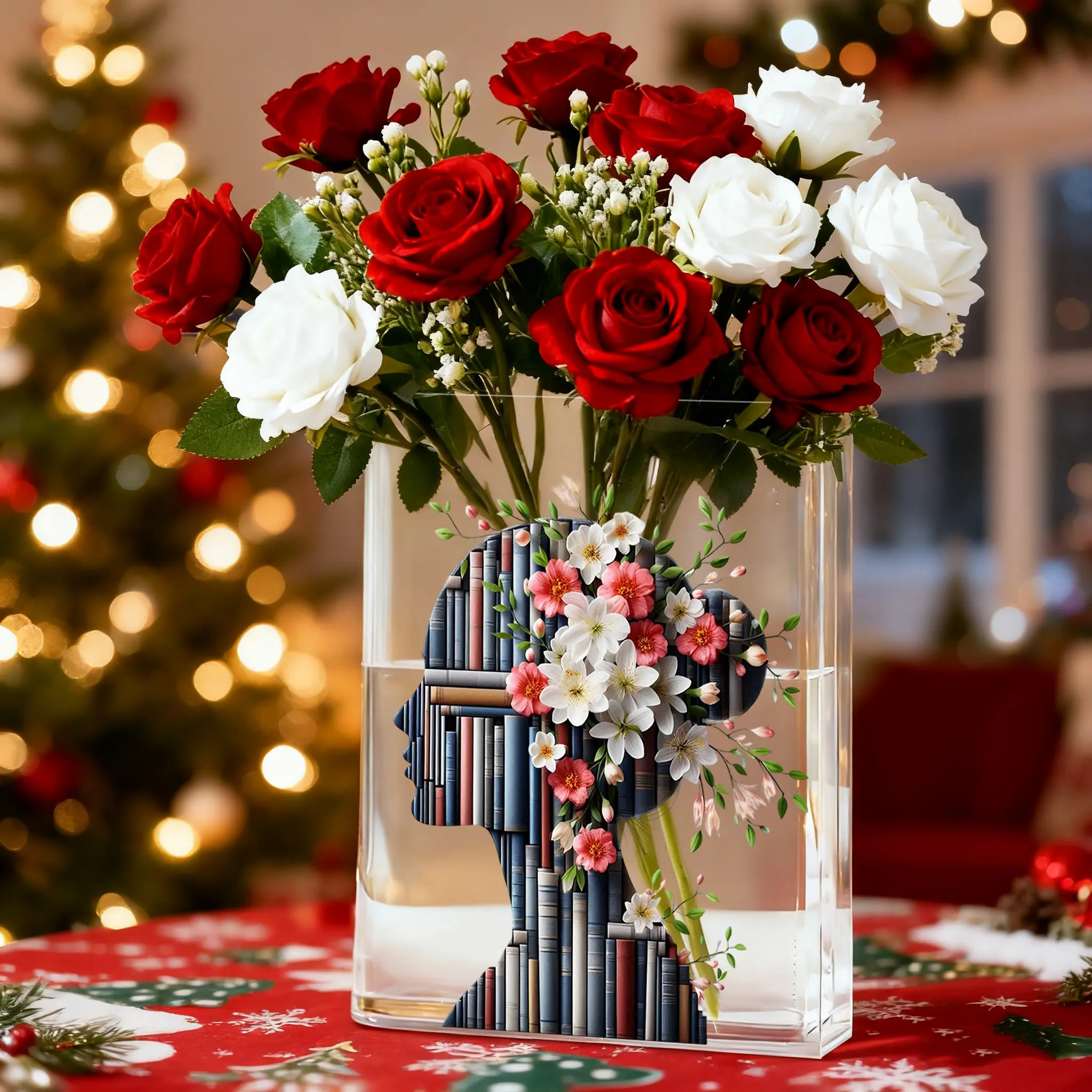 Clear Acrylic Book Shaped Decorative Vase With Inspirational Quotes, Boho Desktop Rectangular Centerpiece for Books & Flowers, Aesthetic Room Decor Gift for Wedding Party Birthday Christmas Valentine's Day