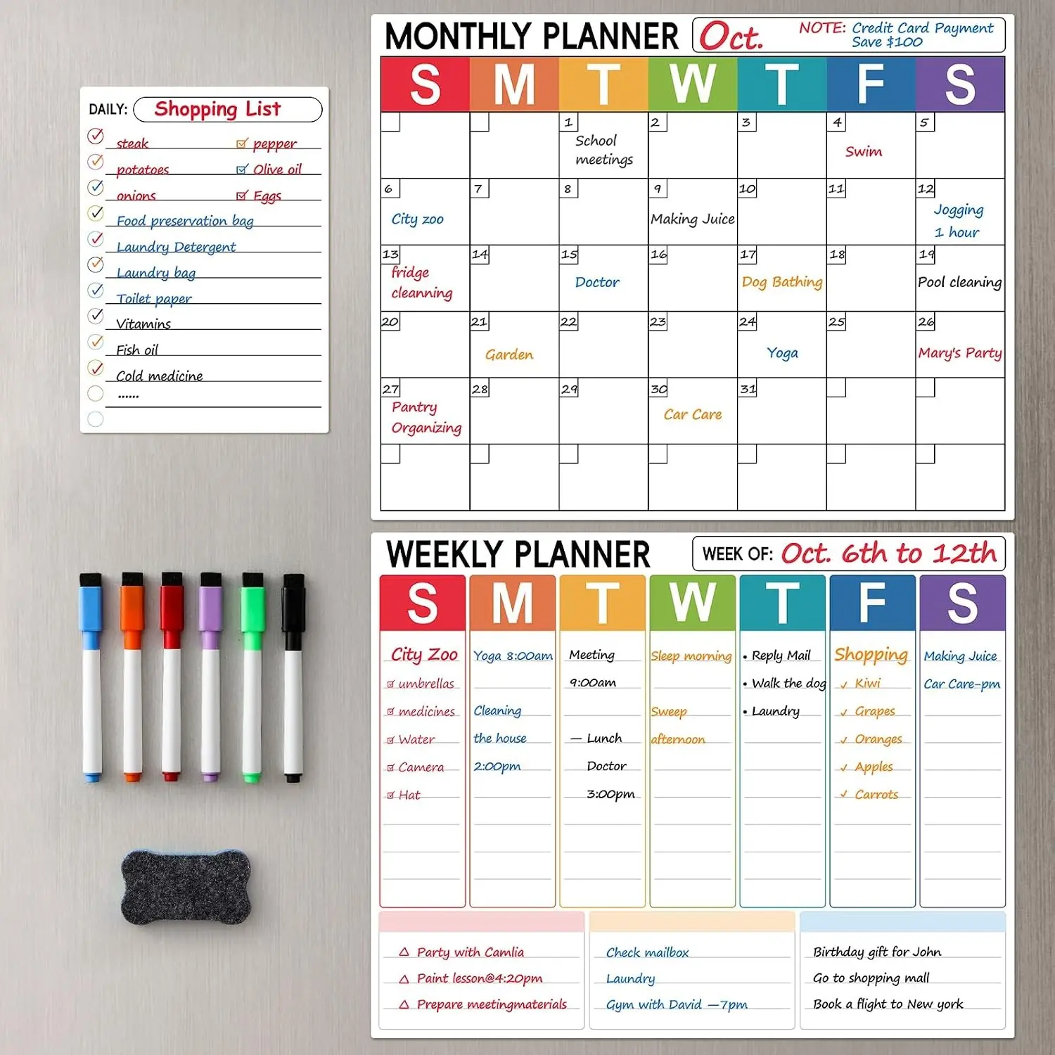 3 Pack Dry Erase Magnetic Calendar for Refrigerator - Monthly Weekly Daily Planner Whiteboard for Fridge Wall - Shopping Meal Menu To Do List Family Schedule Planning Board