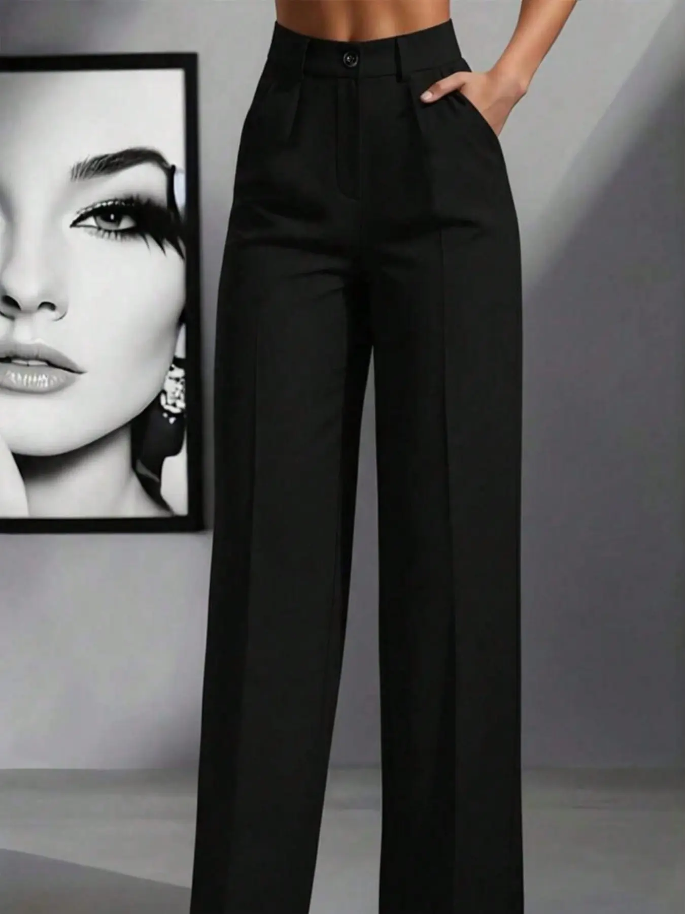 Women's Low Waist Flowy Wide Leg Suit Pants, Slim-Fitting Straight-Leg Trousers, Solid Color, Minimalist, All Seasons, Woven Fabric, Office Wear, Business Attire Clothes