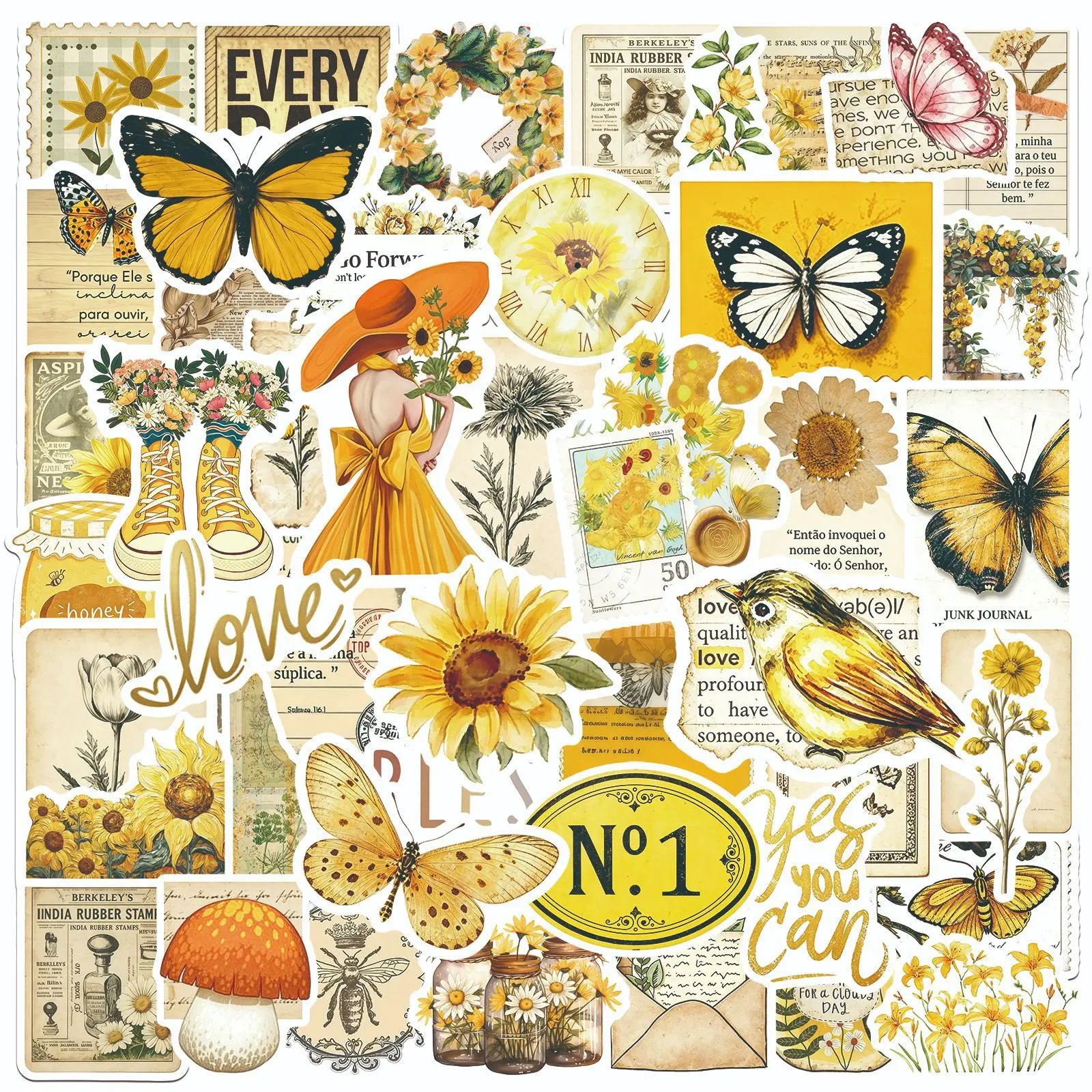 50pcs Retro Artistic Yellow Butterfly Office Stickers, High-Value, Positive Energy Gifts for Decorating Journals, Scrapbooks, Notebooks, Computers, Water Bottles, Cars, Car Decorative Sticker, Decal for Cars, Etc.