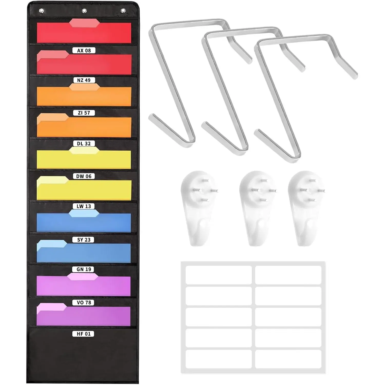 10 Pockets Hanging Wall File Organizer, Black Storage Pocket Chart for File Folder and Paper, Space Saver for Office Classroom, with Wall Hangers, Over The Door Hooks, Labels