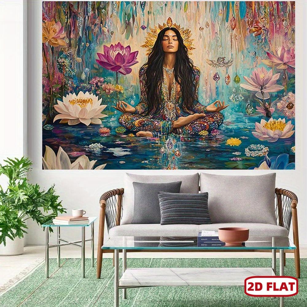 2D Flat Mystical Meditation Lotus Tapestry Vibrant Spiritual Wall Art with Serene Woman in Pose Colorful Flowers Butterflies Perfect for Christmas New Year Special Occasions Polyester Decor, Flat 2D, One-Piece