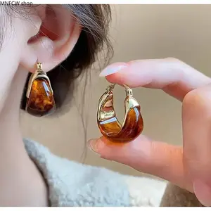 Vintage Tiger Eye Stone Earrings | Light Luxury Retro Dangle Earrings for Women | Simple Fashionable Brown Marble Pattern Jewelry for Fall Outfits