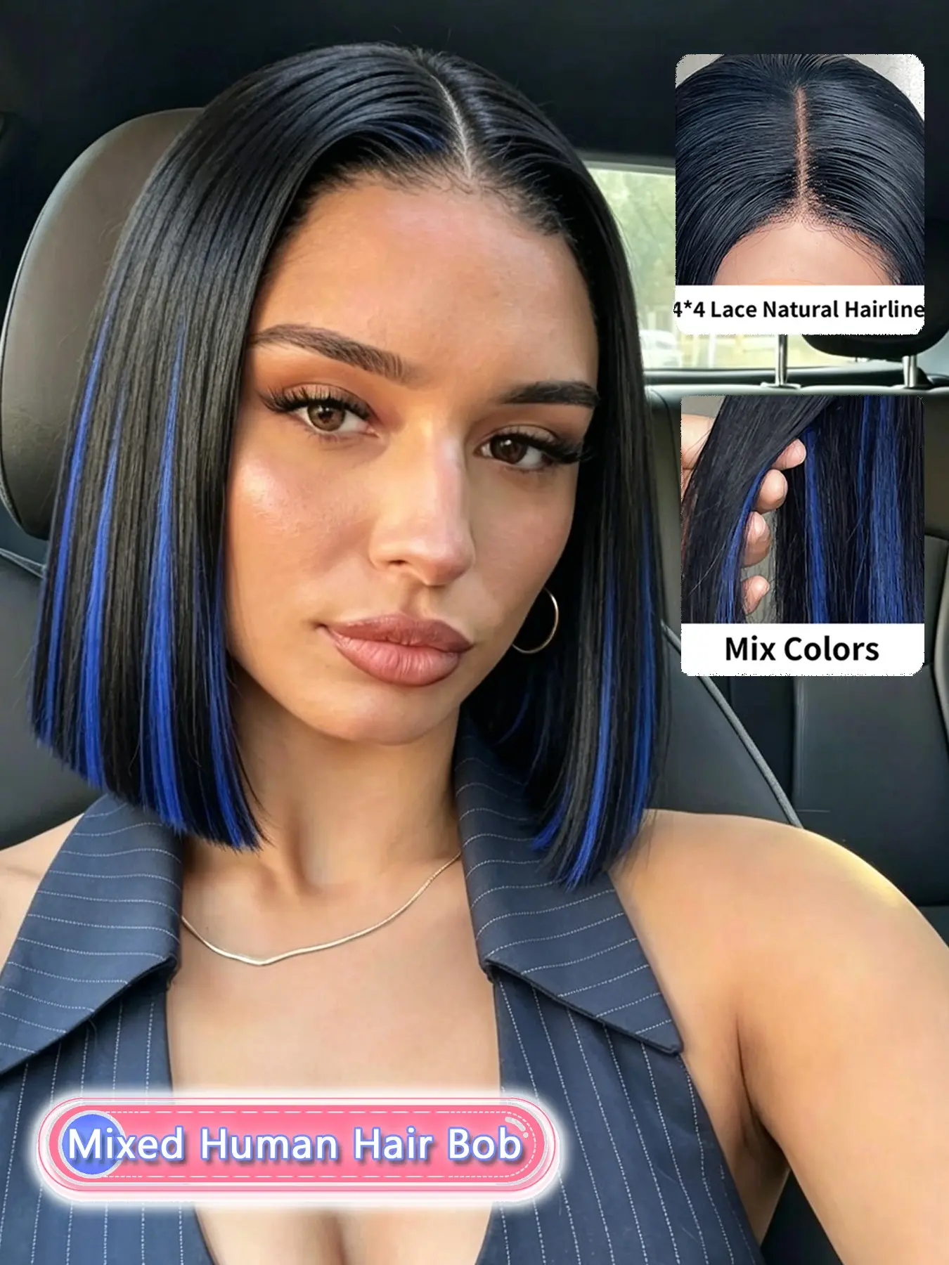 10 Inch Mixed Color Human Hair Straight Blunt Cut Bob Wig, 4x4 Lace Closure with Natural Middle Part, Silky Smooth Texture That Mimics Natural Hair Growth, Lightweight Breathable Design All-day Comfort for Women Daily Outings and Events