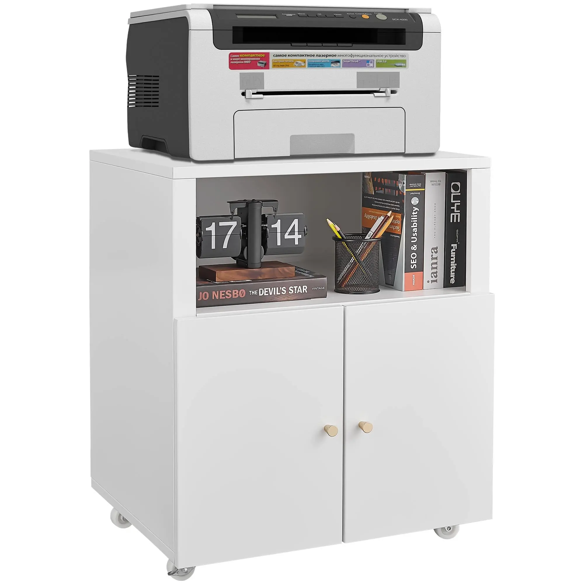 Steel Frame Rectangular Metal Rolling Printer Cabinet - Disassemblable Single Unit, 28x23x19", Lock Castors, Matt Finish, Underdesk Storage, Open Shelf Organizer for Home Office Small Space