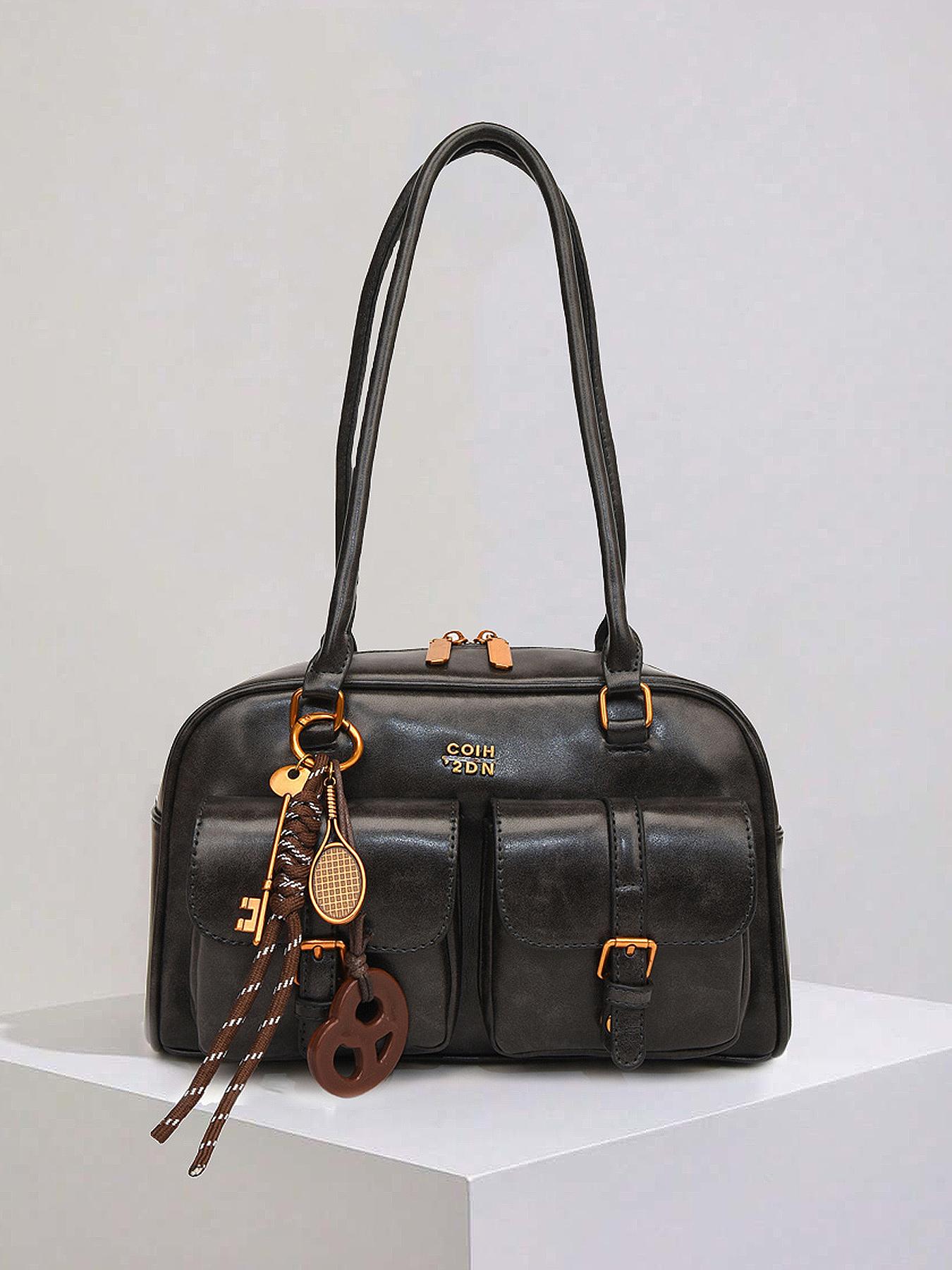 Retro-Style Double-Pocket Shoulder Bag with Pendant, Simple Versatile Casual Underarm Bag, Niche Design for College Students and Office Workers' Daily Commuting, Casual Commuter Bag