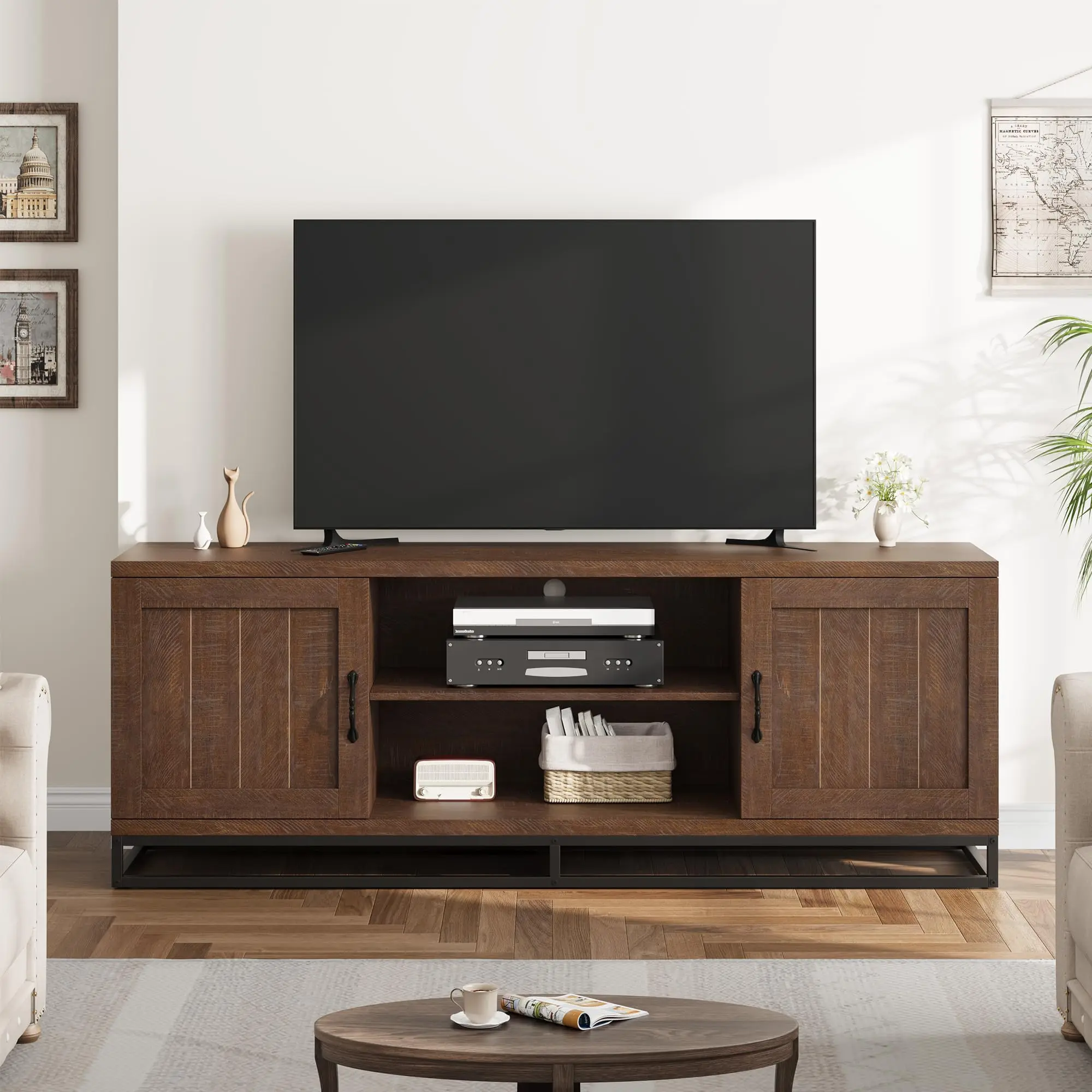 Farmhouse TV Stand for 75 Inch TV - Modern Entertainment Center - Adjustable Shelves - Sturdy Metal Legs - Wooden Media Console with Storage Cabinets - Ideal for Living Room or Bedroom - Gray