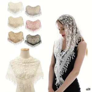 6PCS Floral Tulle Lace Triangle Mantilla Veil, Elegant Lightweight Chapel Head Scarf, Classic Soft Religious Headwear For Women’s Church Worship