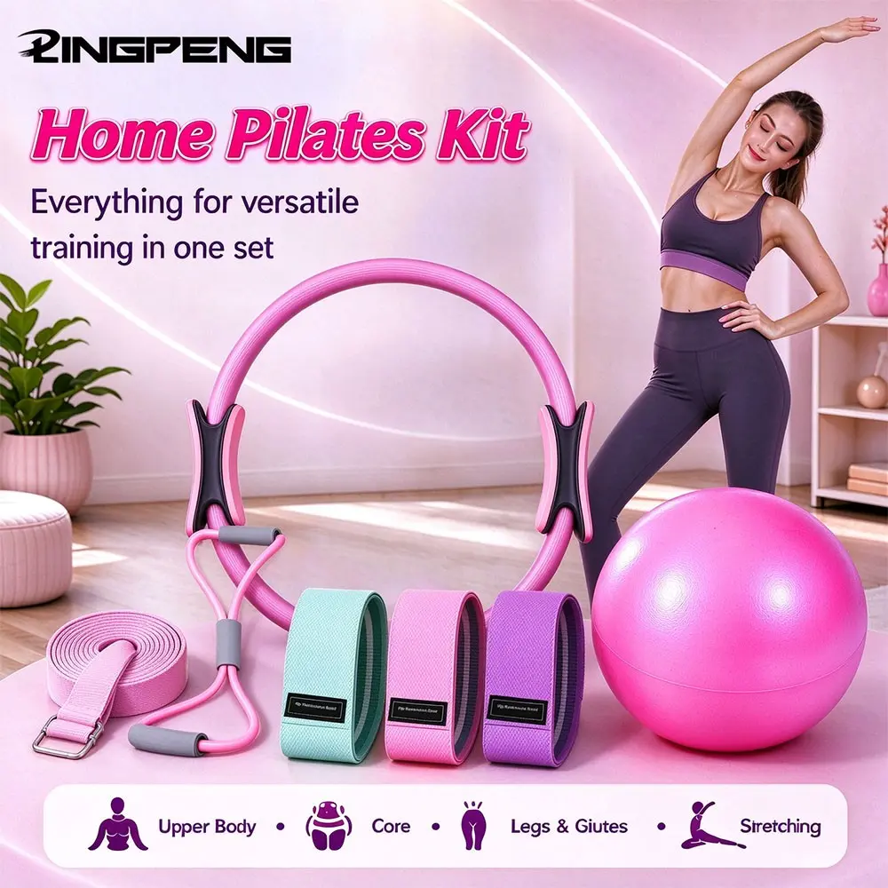 LINGPENG Pilates Kit for Home Workout, Pilates Ring, Mini Yoga Ball, Fabric Hip Resistance Loop Bands, Figure 8 Resistance Band, Yoga Strap, Women Yoga Fitness Exercise Accessories Set