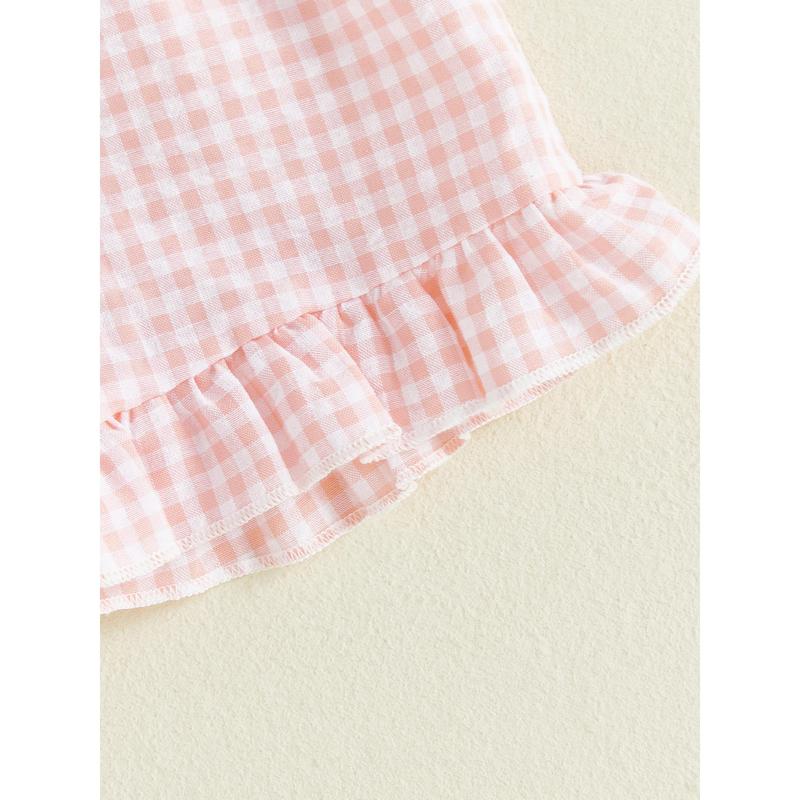 Toddler Baby Little Girls Easter Outfits Cross Animal Embroidery Short Sleeve T-Shirt and Plaid Shorts Set 3M-3Y