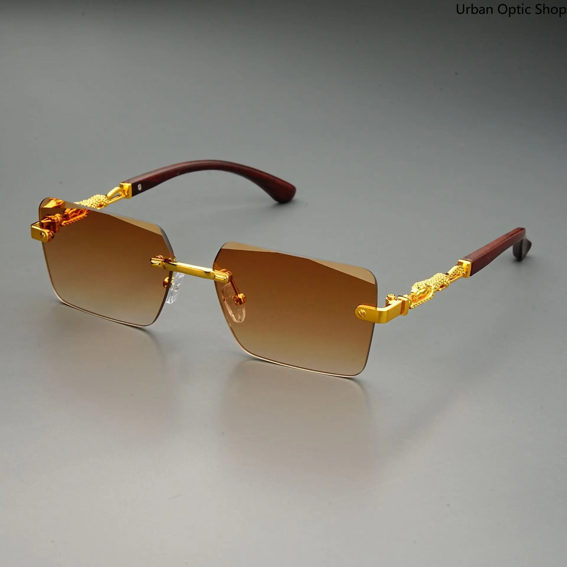 XUH Unisex Rimless Rectangle Sunglasses - Nylon Gradient Tinted Lenses, Wood-Texture Temples with Gold Decor, Vintage Luxury Fashion Eyewear for Street Style, Daily Casual Wear